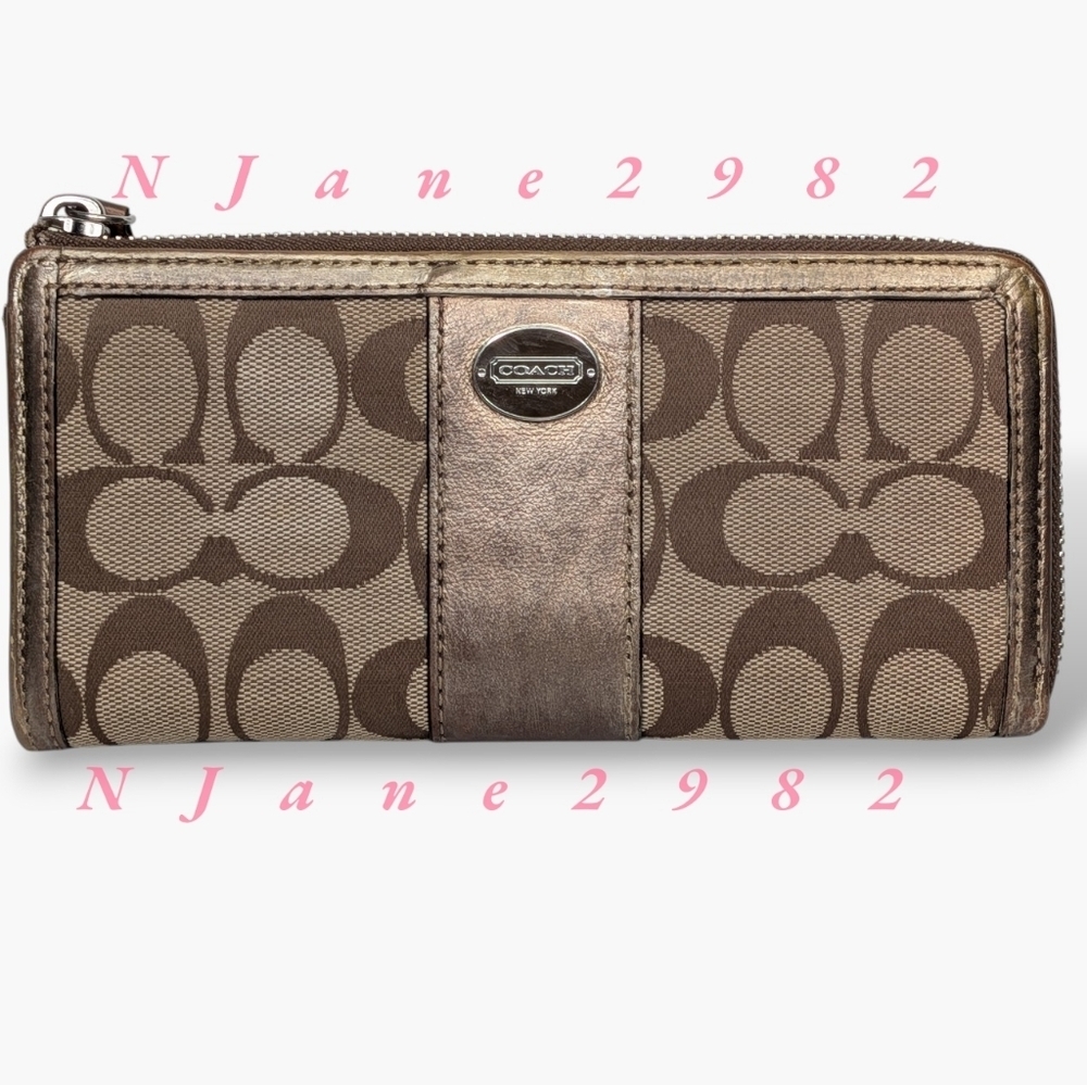 Coach Wallet Signature Monogram Bronze Tan Metallic Stripe Canvas & Leather Zip - Picture 3 of 13